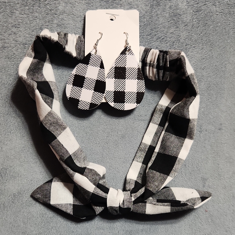 Black and White Plaid Headband and Earring Set